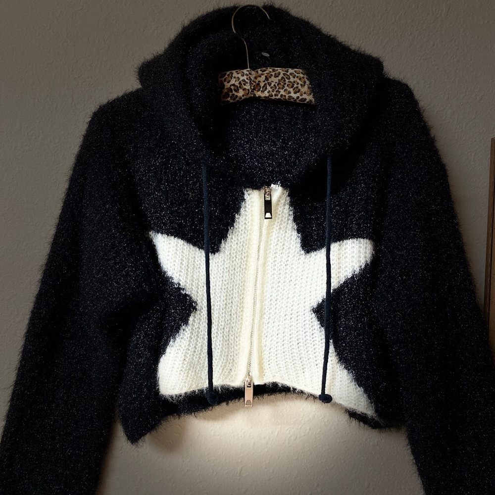 Cozy & Fuzzy Black and White Zip Up Star Hoodie/Sweater